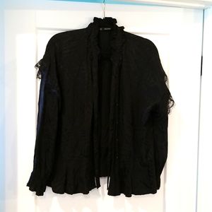 Zara Basic Black Silky Button Down Shirt Lace Accent Size L